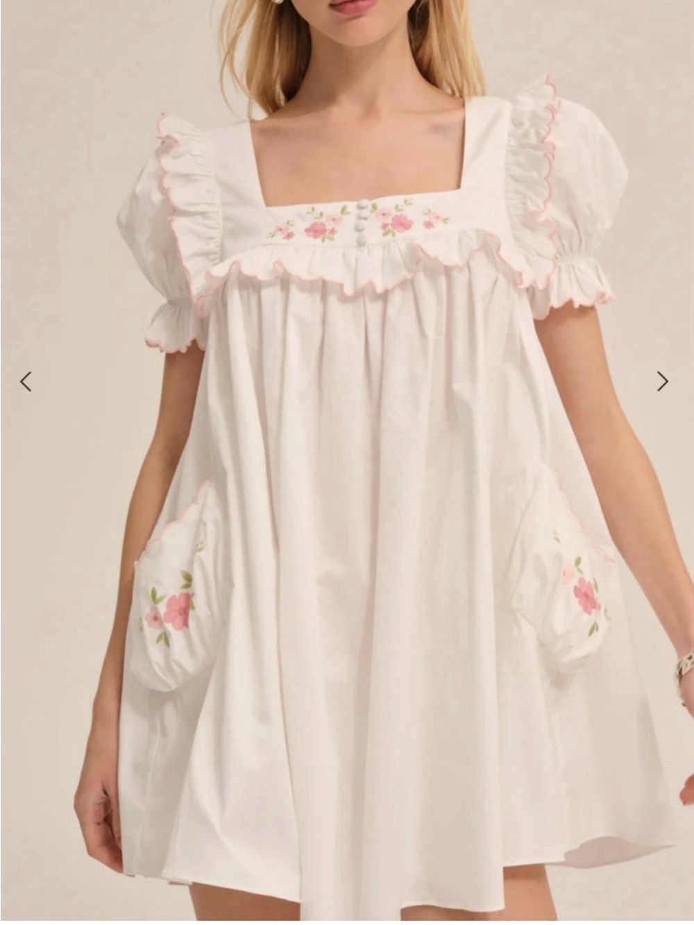 For Love and Lemons Tea Time Babydoll Dress with Pink Floral Embroidery